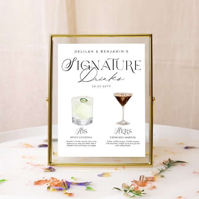 Póster Elegante acuarela su Boda de bebida de firma (Elegant Watercolor His Her Signature Drink Wedding Poster)