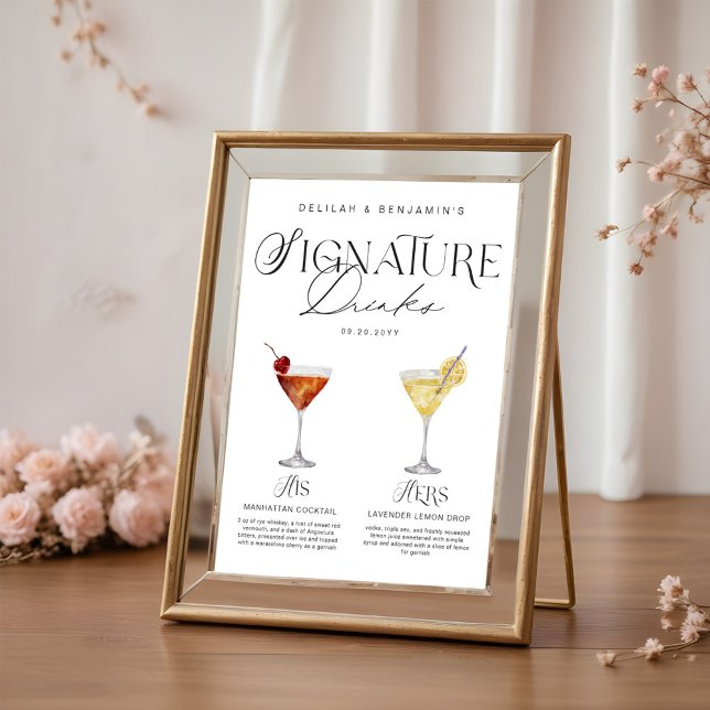 Póster Elegante acuarela su Boda de bebida de firma (Elegant Watercolor His Her Signature Drink Wedding Poster)