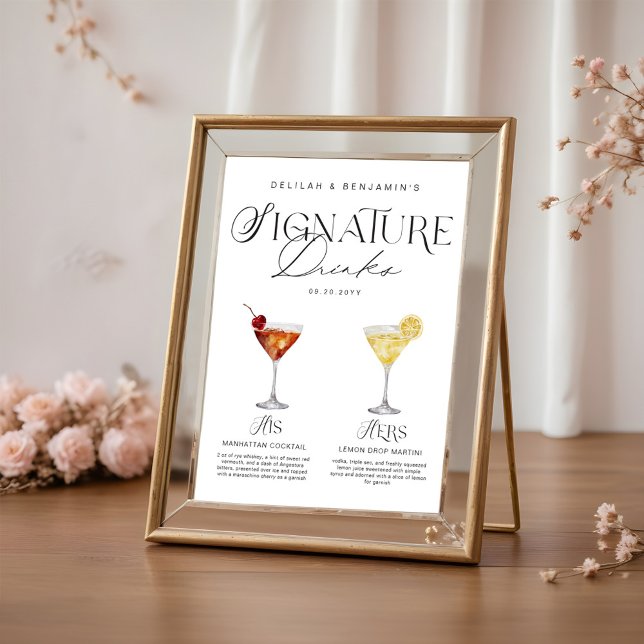 Póster Elegante acuarela su Boda de bebida de firma (Elegant Watercolor His Her Signature Drink Wedding Poster)