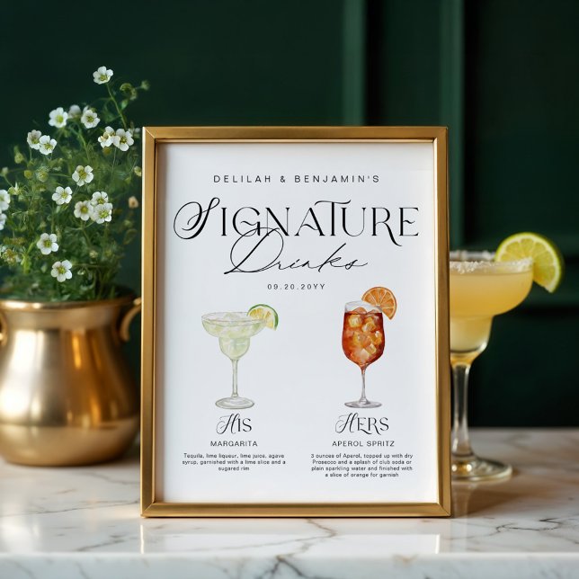 Póster Elegante acuarela su Boda de bebida de firma (Elegant Watercolor His Her Signature Drink Wedding Poster)