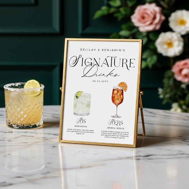 Póster Elegante acuarela su Boda de bebida de firma (Elegant Watercolor His Her Signature Drink Wedding Poster)