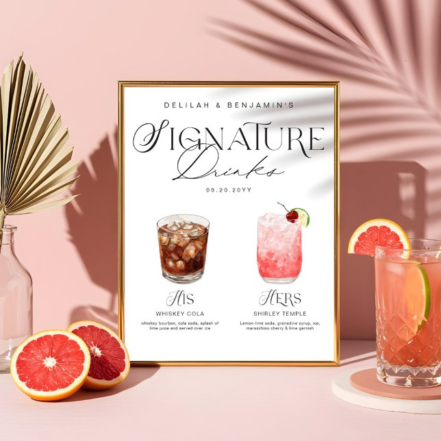 Póster Elegante acuarela su Boda de bebida de firma (Elegant Watercolor His Her Signature Drink Wedding Poster)