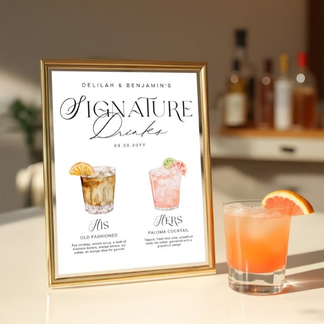 Póster Elegante acuarela su Boda de bebida de firma (Elegant Watercolor His Her Signature Drink Wedding Poster)