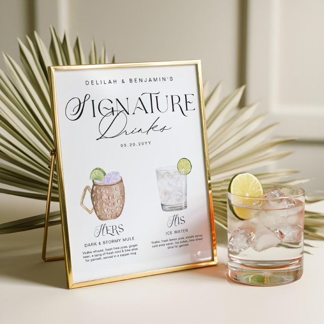 Póster Elegante acuarela su Boda de bebida de firma (Elegant Watercolor His Her Signature Drink Wedding Poster)