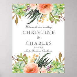 Póster Elegante acuarela Suculento signo de bienvenida Bo