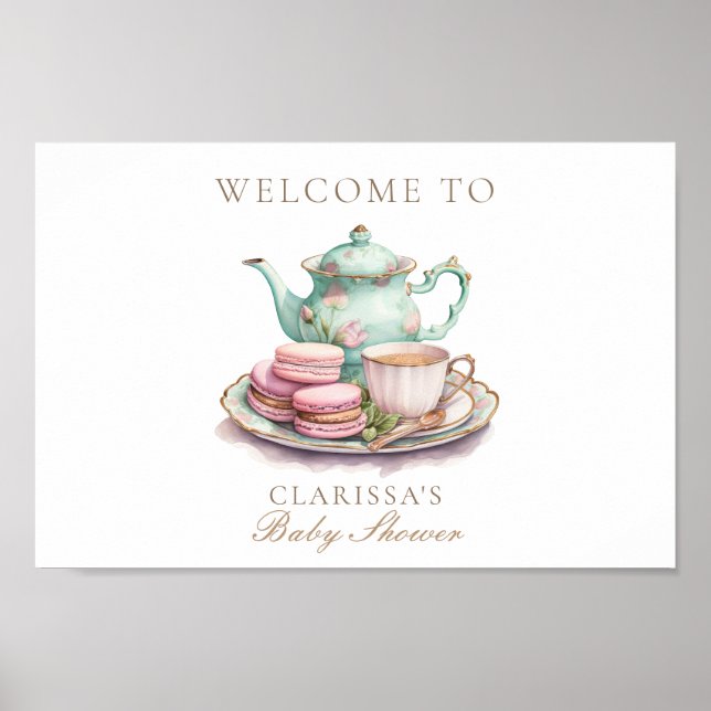 Póster Elegante acuarela Tea Fiesta Gold Baby Shower (Frente)
