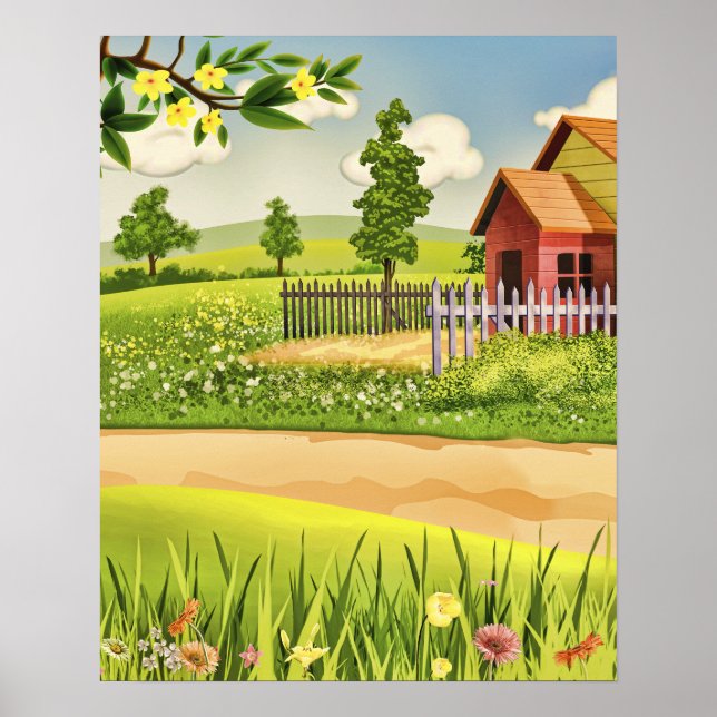 Póster Elegante acuarela verano verde árbol floral (Frente)