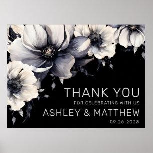 Póster Elegante Agradecimiento de Boda Floral en Blanco y