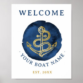 Póster Elegante Ancla de color de agua Nautical Name Navy