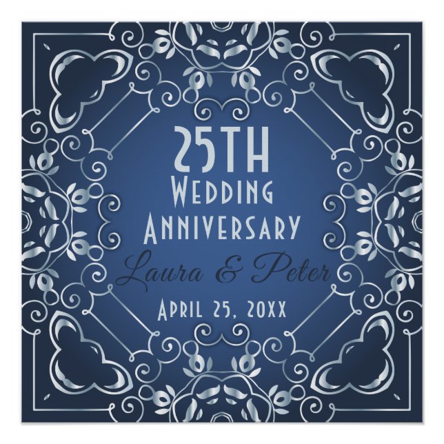 Póster Elegante Aniversario Boda Azul y Plata (Anverso)