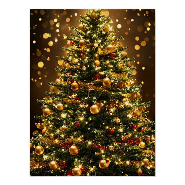 Póster Elegante árbol de Navidad decorado con luces (Anverso)