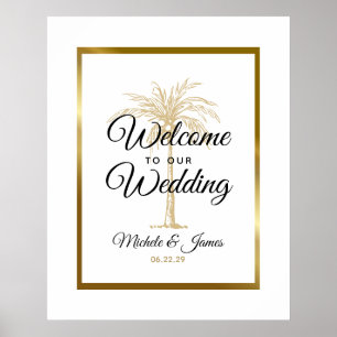 Póster Elegante árbol de palma dorado tropical de bienven