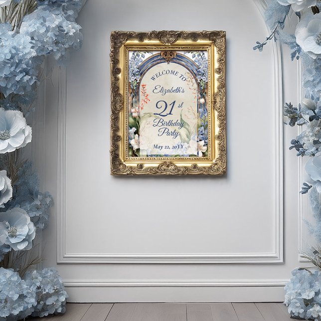 Póster Elegante Arco floral barroco Fiesta de cumpleaños  (Elegant Baroque Floral Frame 21st Birthday Party Poster - Print  | Digital Download)