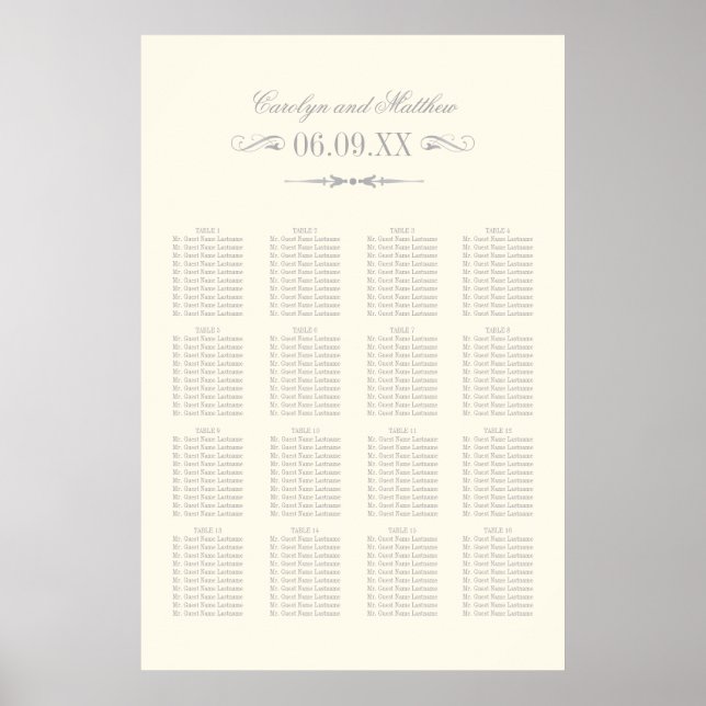 Póster Elegante asiento Boda con flores de marfil-plata (Frente)