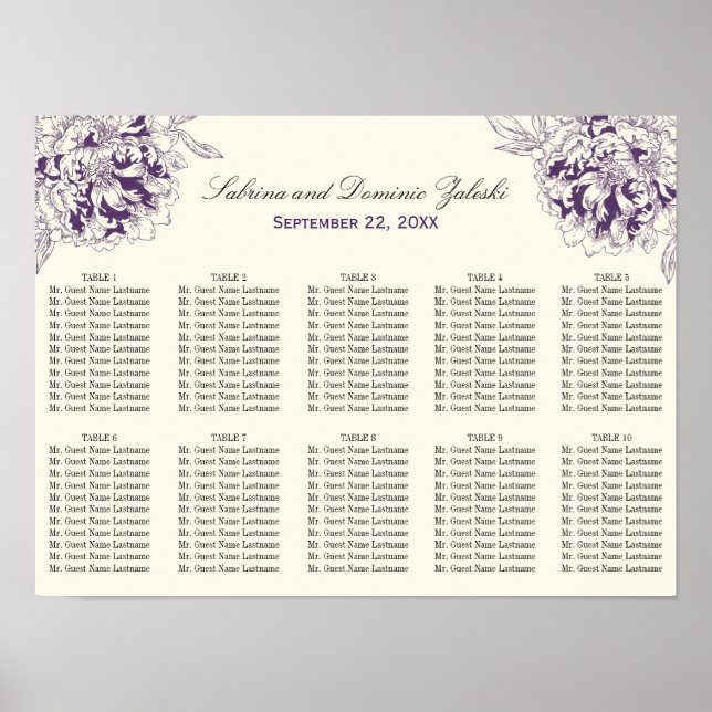 Póster Elegante asiento Boda de flores moradas (Frente)