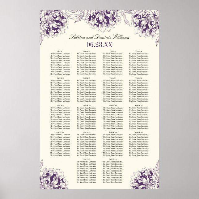 Póster Elegante asiento Boda de flores moradas (Frente)