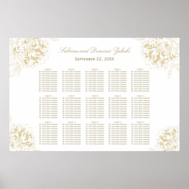 Póster Elegante asiento Boda floral Peony Gold (Frente)