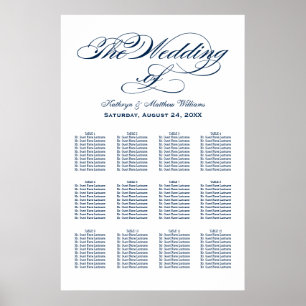 Póster Elegante Asiento de Boda con Caligrafía Azul Marin