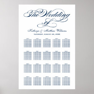 Póster Elegante Asiento de Boda con Caligrafía Azul Marin