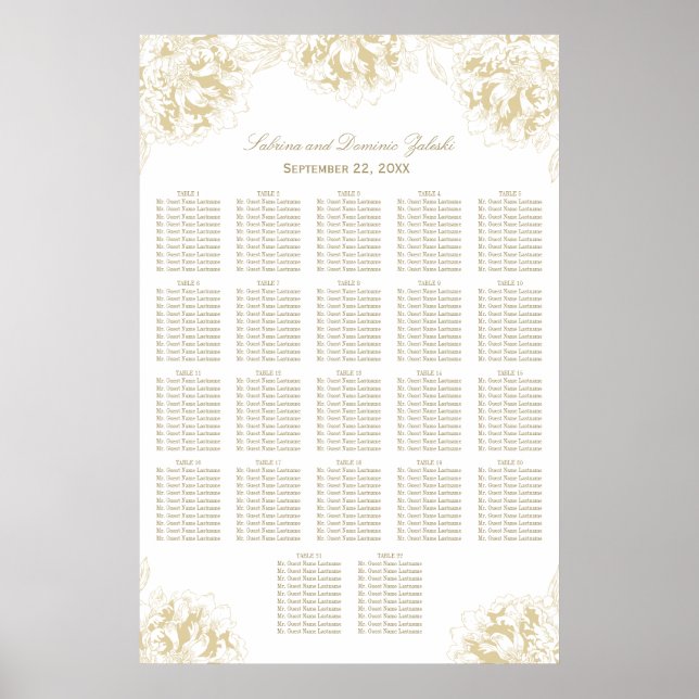Póster Elegante asiento de Boda con flores de oro (Frente)