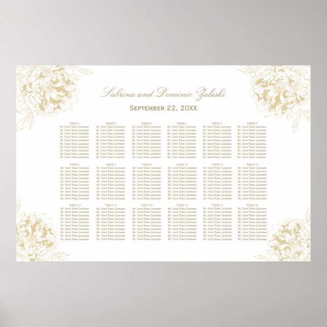 Póster Elegante asiento de Boda con flores de oro (Frente)