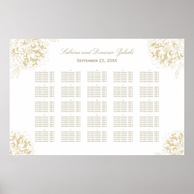 Póster Elegante asiento de Boda con flores de oro (Frente)