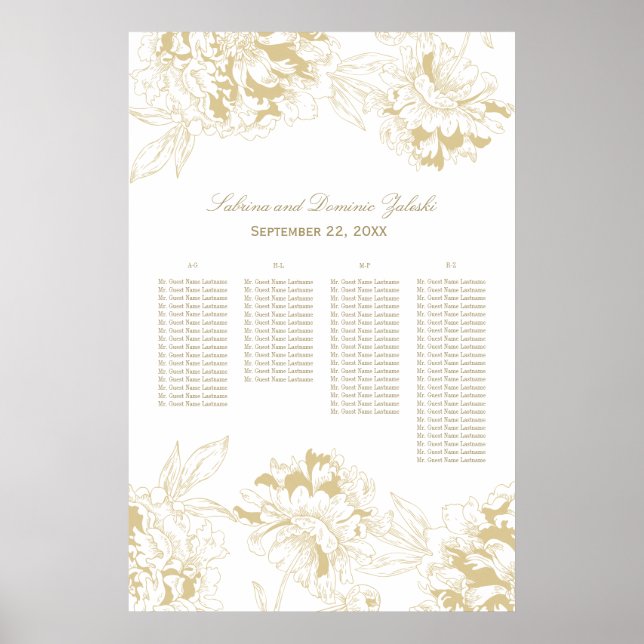 Póster Elegante asiento de Boda con flores de oro (Frente)