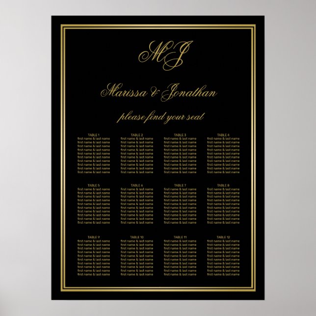 Póster Elegante asiento de Boda de marco de monograma dor (Frente)