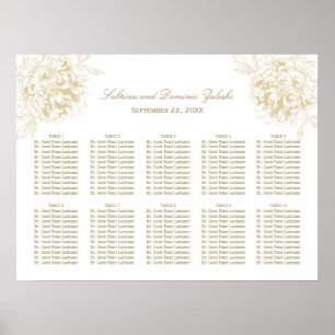 Póster Elegante Asiento de Boda de Peonía Floral Dorada
