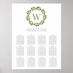 Póster Elegante asiento de Boda verde monograma Wreath