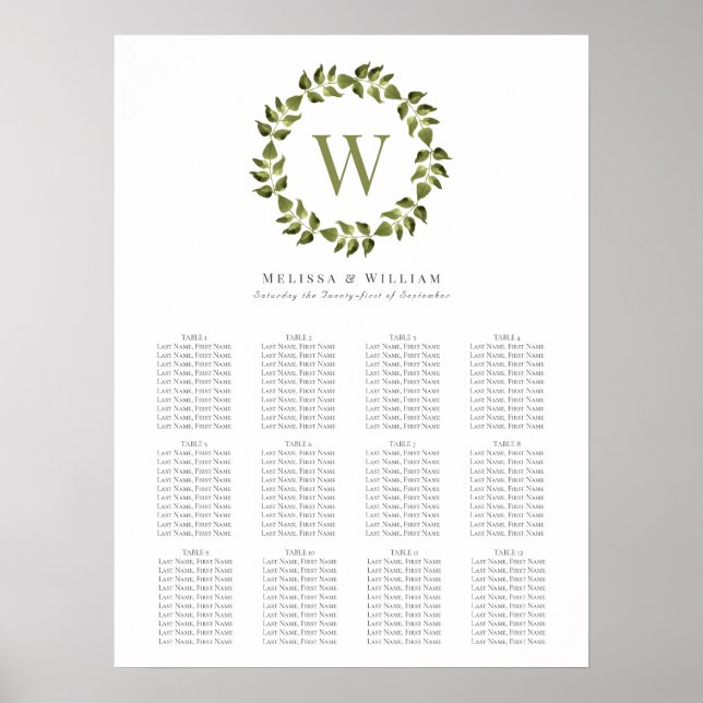 Póster Elegante asiento de Boda verde monograma Wreath (Frente)
