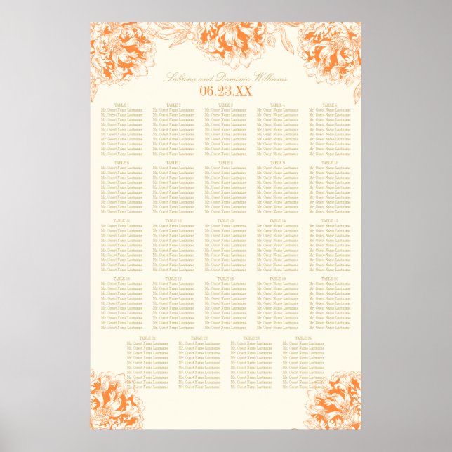 Póster Elegante asiento Naranja Floral Peony Boda (Frente)