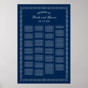 Póster Elegante Asiento Nupcial Alfabetico de Navy Plata