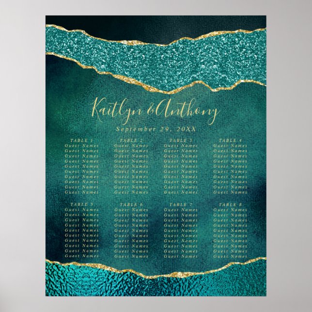 Póster Elegante asiento Turquesa y Boda Agate Gold (Frente)