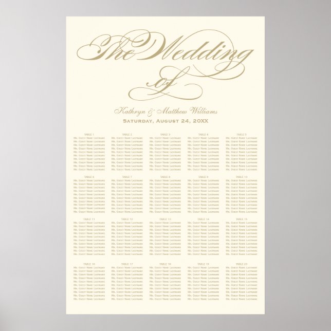 Póster Elegante Asientos de Boda en Marfil con Caligrafía (Frente)
