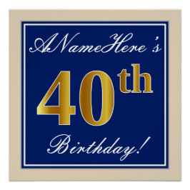 Póster Elegante, azul, falso oro 40 cumpleaños + nombre