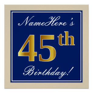 Póster Elegante, Azul, Faux Gold 45th Birthday + Nombre