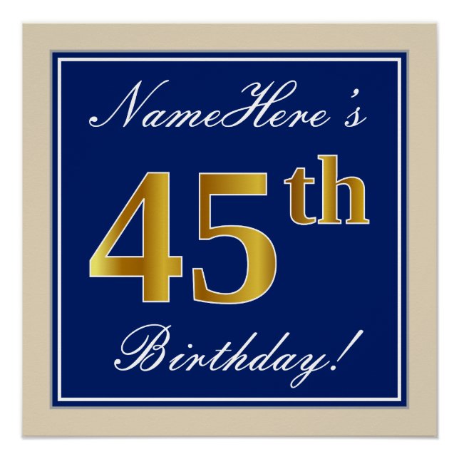 Póster Elegante, Azul, Faux Gold 45th Birthday + Nombre (Anverso)