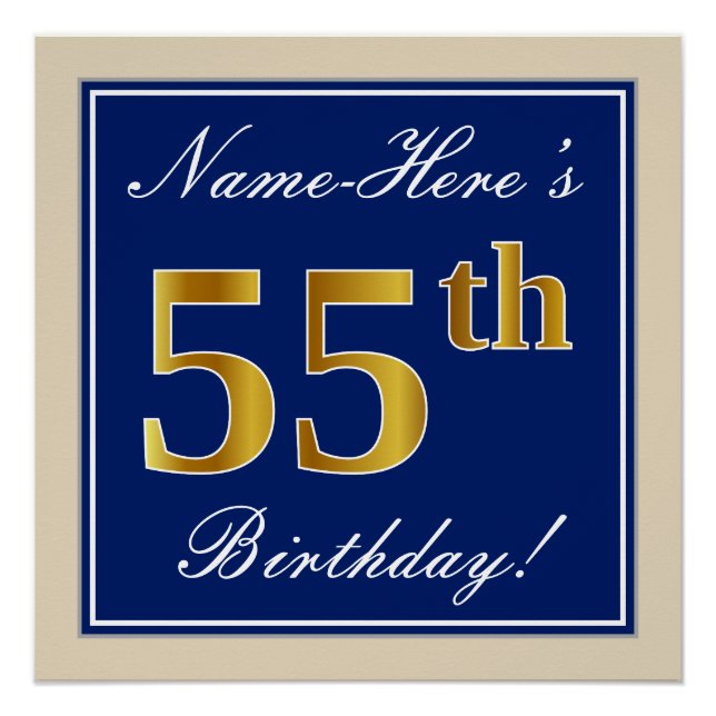 Póster Elegante, Azul, Faux Gold 55th Birthday + Nombre (Anverso)