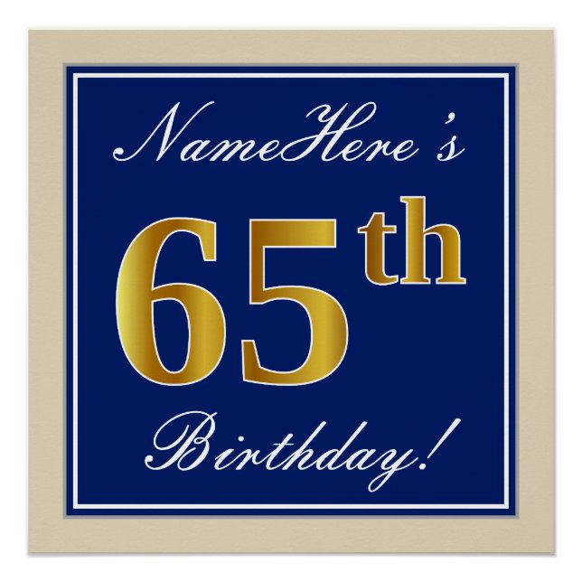 Póster Elegante, Azul, Faux Gold 65th Birthday + Nombre (Anverso)