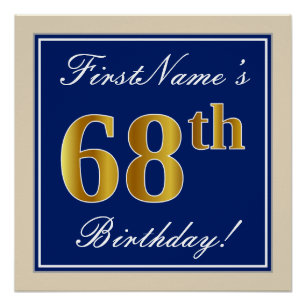 Póster Elegante, Azul, Faux Gold 68th Birthday + Nombre