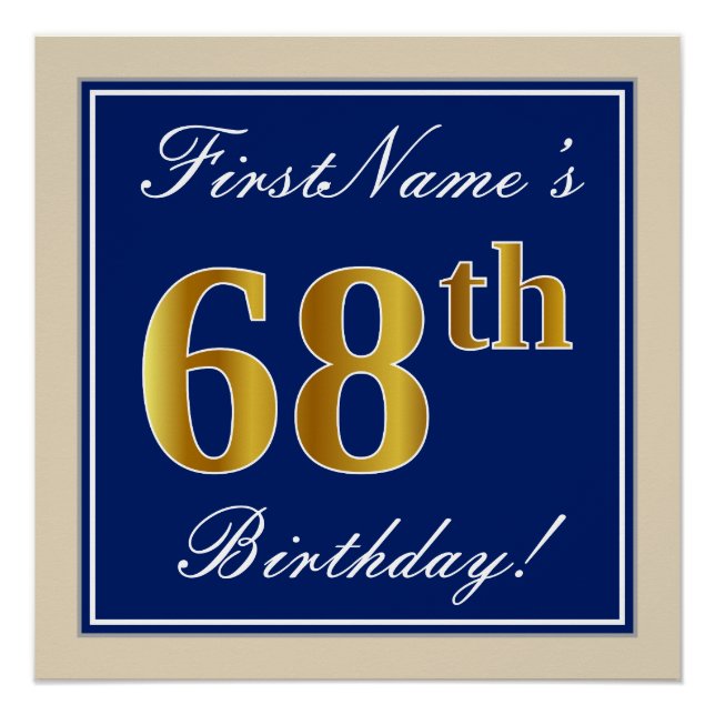 Póster Elegante, Azul, Faux Gold 68th Birthday + Nombre (Anverso)