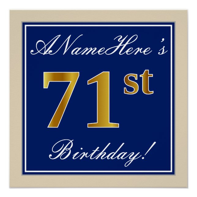 Póster Elegante, Azul, Faux Gold 71st Birthday + Nombre (Anverso)