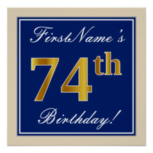 Póster Elegante, Azul, Faux Gold 74th Birthday + Nombre