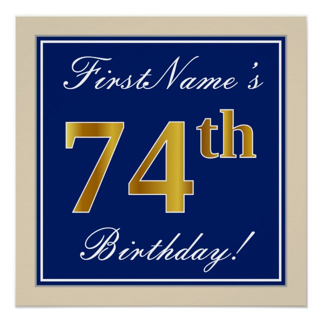 Póster Elegante, Azul, Faux Gold 74th Birthday + Nombre (Anverso)