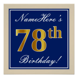 Póster Elegante, Azul, Faux Gold 78th Birthday + Nombre