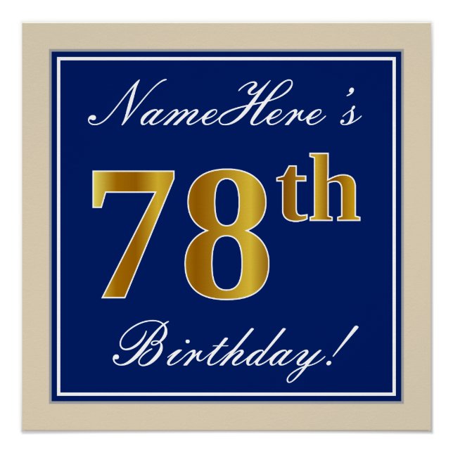 Póster Elegante, Azul, Faux Gold 78th Birthday + Nombre (Anverso)