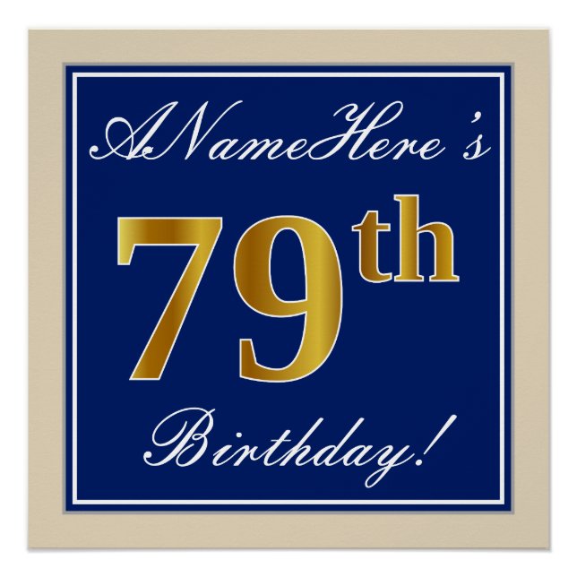 Póster Elegante, Azul, Faux Gold 79th Birthday + Nombre (Anverso)