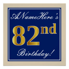 Póster Elegante, Azul, Faux Gold 82 cumpleaños + nombre
