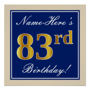 Póster Elegante, Azul, Faux Gold 83 cumpleaños + nombre